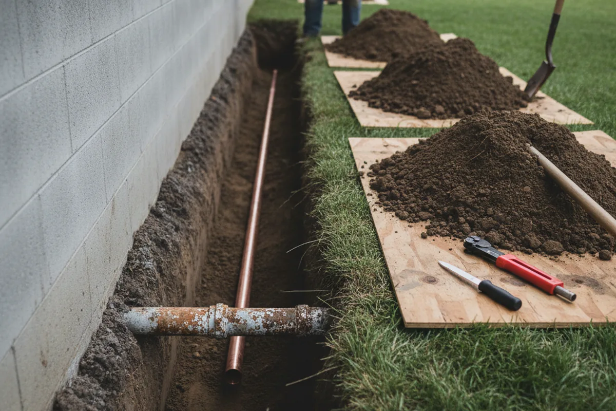 Excavated water line trench during Water Softener Installation in Challenge